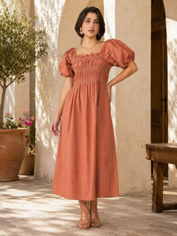 Virgio - Brown Solid Cotton Design Smocked Midi Dress