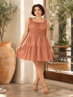 Virgio - Brown Solid Cotton Smocked Sleeveless Dress