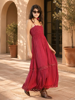 Virgio - Maroon Solid Viscose Maxi Dress