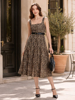 Virgio - Black All Over Print Viscose Square Neck Dress