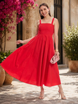 Virgio - Red Solid Cotton Back Tie-Up Dress
