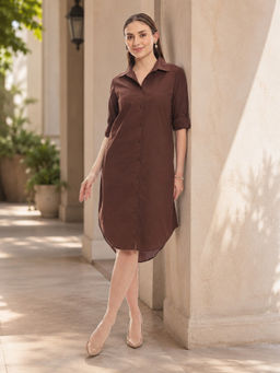 Virgio - Brown Solid Cotton Relaxed Fit Midi Shirt Dress