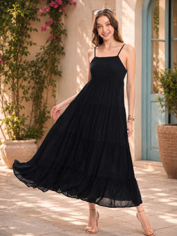 Virgio - Black Solid Viscose Lace Detail Maxi Dress