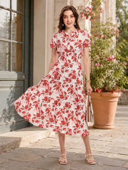 Virgio - Maroon All Over Print Cotton Tiered Round Neck Maxi Dress