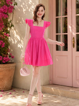 Virgio - Pink Solid Cotton Back Bow Tie-Up Peplum Dress