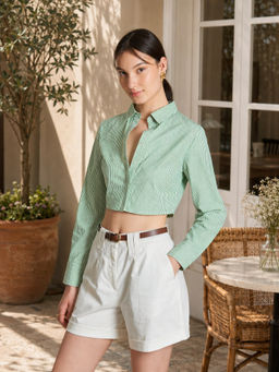 Virgio - Women Green Stripes Cotton Curved Hem Cropped Shirt