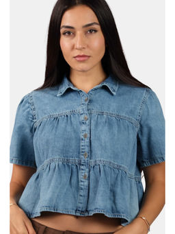 Virgio - Women Navy Blue Solid Cotton Tiered Cropped Denim Shirt