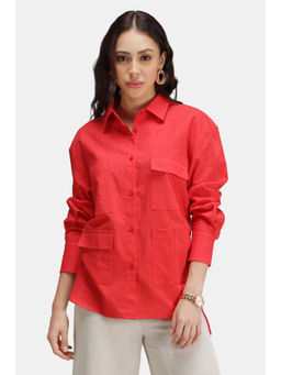 Virgio - Women Red Solid Linen Longline Pocket Shirt