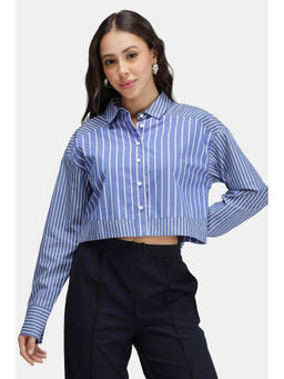 Virgio - Women Blue Stripes Cotton Contrast Yoke Shirt