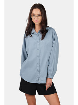 Virgio - Women Blue Solid Cotton Oversized Welt Pocket Shirt