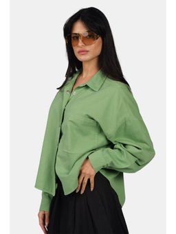 Virgio - Women Green Solid Cotton Relaxed Fit Wide Pocket Shirt