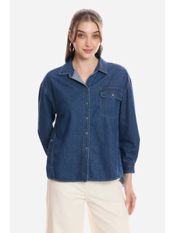 Virgio - Women Navy Blue Solid Cotton Snap Detail Shirt