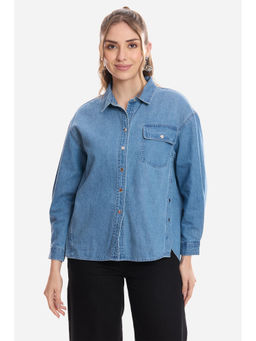 Virgio - Women Blue Solid Cotton Snap Detail Shirt