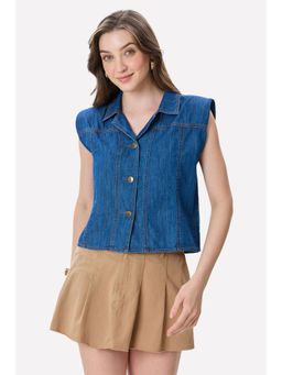 Virgio - Women Navy Blue Solid Cotton Padded Denim Shirt
