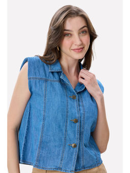 Virgio - Women Blue Solid Cotton Padded Denim Shirt