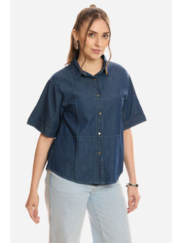 Virgio - Women Blue Solid Cotton Pintuck Detail Denim Shirt