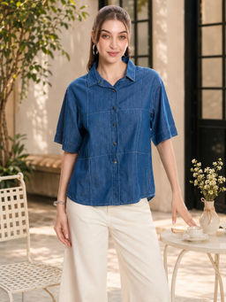 Virgio - Women Blue Solid Cotton Pintuck Detail Denim Shirt
