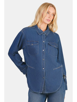 Virgio - Women Blue Solid Cotton Denim Oversized Shirt