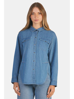 Virgio - Women Blue Solid Cotton Denim Oversized Shirt