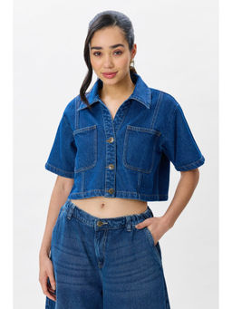 Virgio - Women Navy Blue Solid Cotton Cropped Denim Shirt