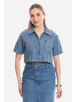 Virgio - Women Blue Solid Cotton Cropped Denim Shirt