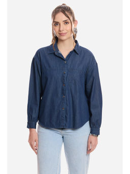 Virgio - Women Navy Blue Solid Cotton Double Placket Denim Shirt