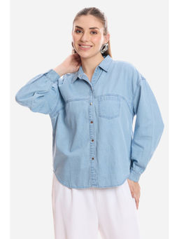 Virgio - Women Blue Solid Cotton Double Placket Denim Shirt