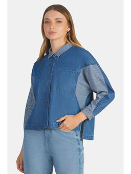 Virgio - Women Blue Solid Cotton Denim Mix Dolman Shirt