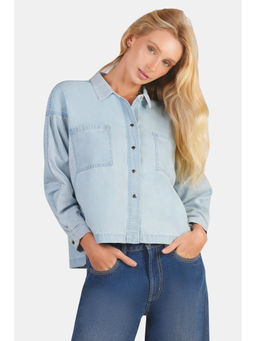 Virgio - Women Blue Solid Cotton Denim Mix Dolman Shirt