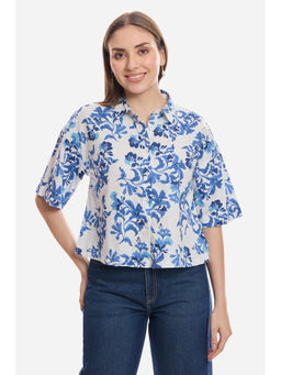 Virgio - Women White Floral Cotton Boxy Fit Cropped Shirt