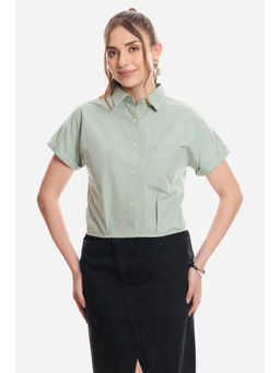 Virgio - Women Green Solid Cotton Striped Crop Shirt