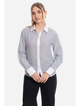 Virgio - Women Blue Stripes Cotton Striped Regular Fit Shirt