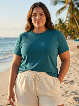 RIGO - Plus Size Women Teal Soild Round Neck Half Sleeve Cotton T-Shirt
