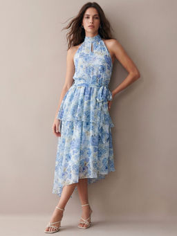 Outzidr - Blue Asymmetric Hemline Tiered Printed Dress With Belt