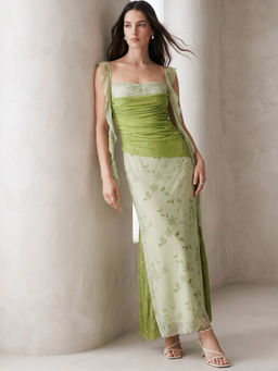 Outzidr - Green Floral Printed Mesh Dress
