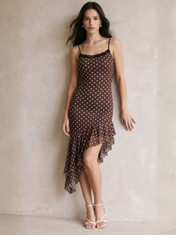 Outzidr - Brown Spaghetti Strap Ruffle Hem Mesh Polka Printed Dress