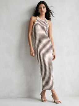Outzidr - Cream Back Tie-Up Striped Dress