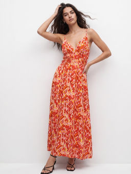 Outzidr - Orange Spaghetti Strap Printed Dress