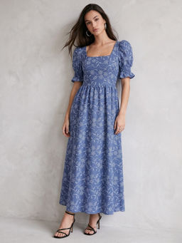 Outzidr - Blue Puff Sleeve Embroidery Square Neck Dress