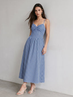Outzidr - Blue Spaghetti Strap Corset Fit Checkered Dress
