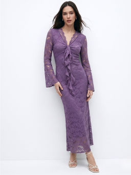 Outzidr - Purple Bell Sleeve Front Ruffle Lace Dress