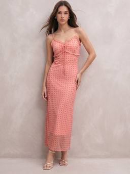 Outzidr - Pink Shoulder Strap Neck Polka Printed Mesh Dress