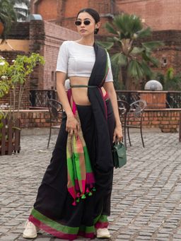 Beatitude - Black Shade Cotton Saree With Unstitched Blouse