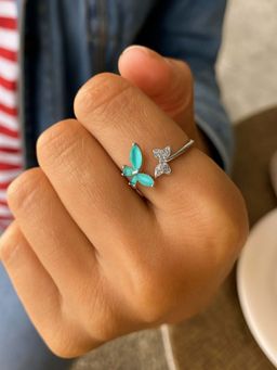Digital Dress Room - Silver-Plated Pista Green Butterfly Adjustable Finger Ring