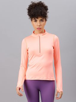Fitkin - Women Peach Melon Zipper High Neck T-Shirt