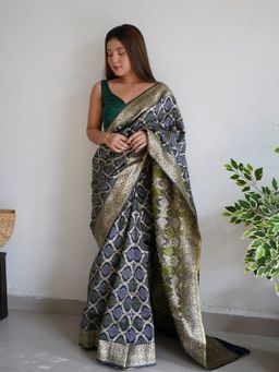 Odette - Dark Blue Printed Silk Saree with Unstitched Blouse