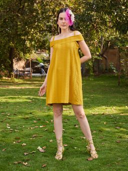 PURVAJA - Women Yellow A-Line Tie-up Flared Dress