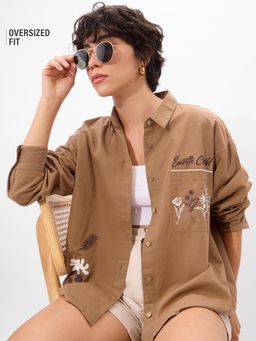 The Souled Store - Women Brown Earth Child Embroidered Shirt