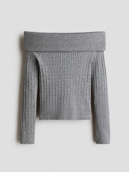 H&M - Girls Grey Cable-Knit Off-The-Shoulder Jumper