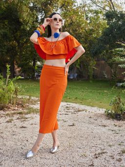 PURVAJA - Women Orange Texture Off Shoulder Crop Top and Midi Pencil Skirt (Set of 2)